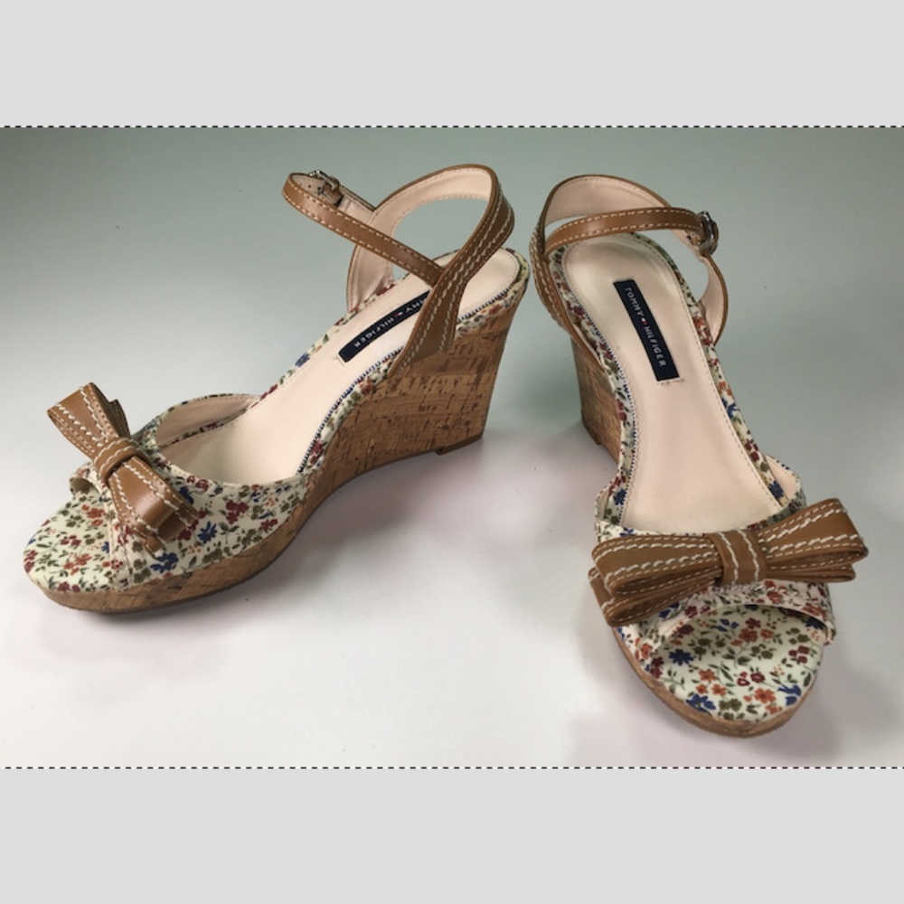 Tommy Hilfiger Floral Leather Ankle Strap Wedge